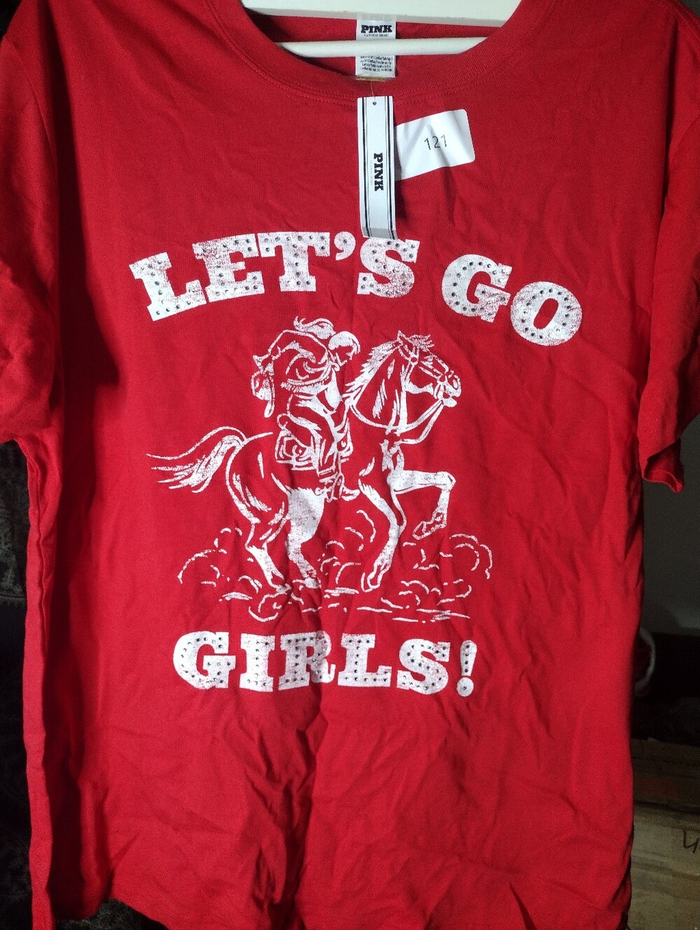 PINK Victoria's Secret Red Graphic 'LET'S GO GIRLS!' Tee Shirt With Rhinestones